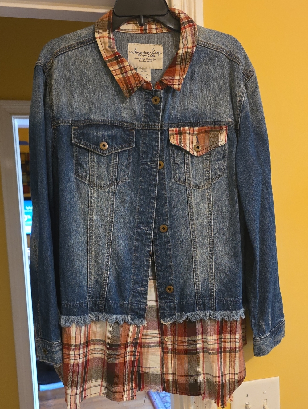 American Rag Layered Denim Jacket with Plaid Trim